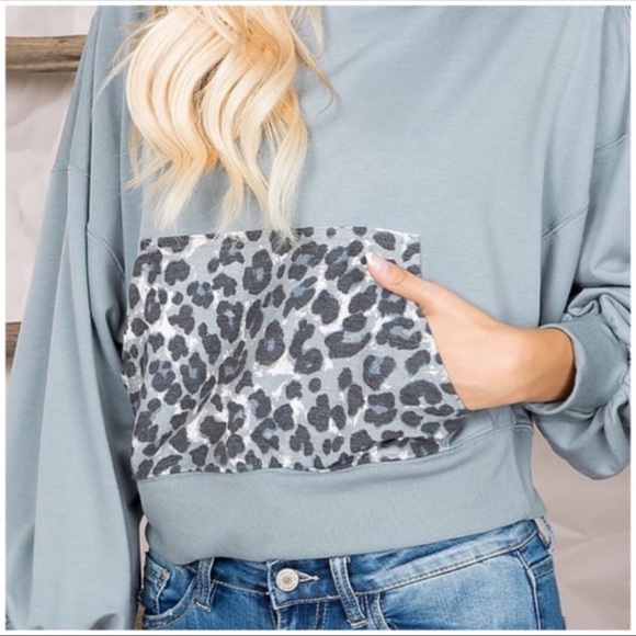 New French Terry Drop Shoulder Reverse Leopard Gray Hoodie - Picture 3 of 6